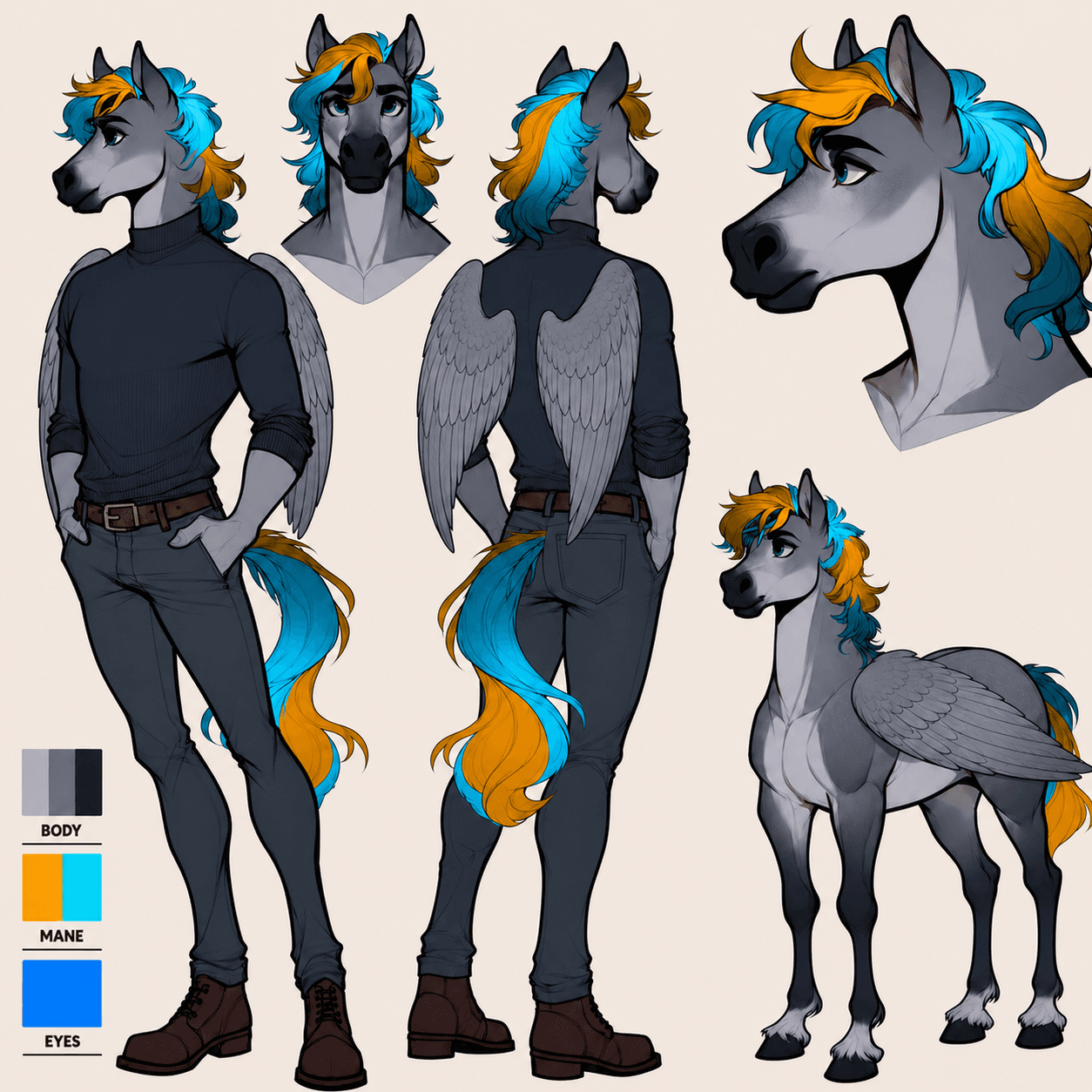 Reference sheet for my grey, cyan, and orange anthro horse pegasus sona.